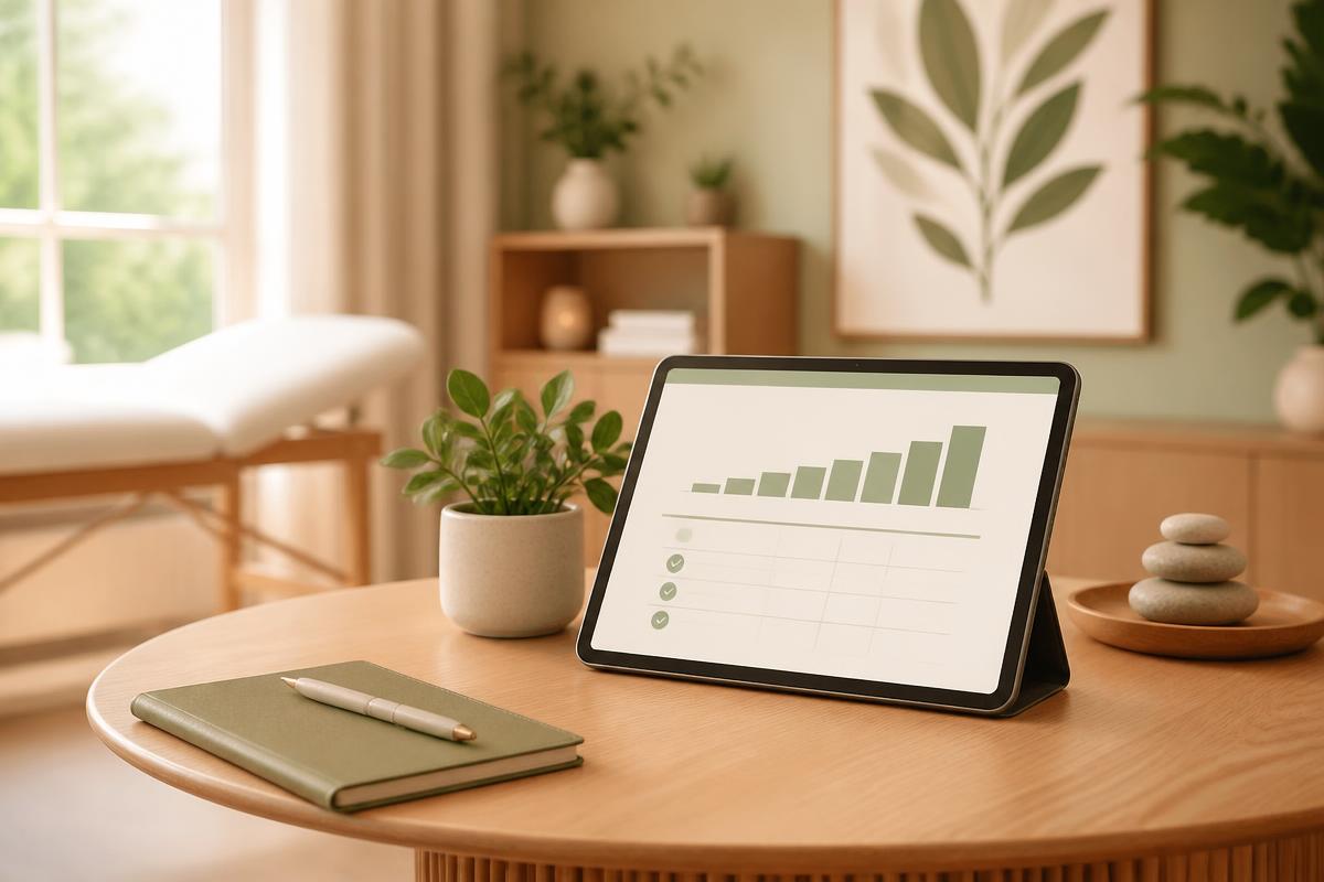 Tablet showing a monthly payment plan in a calm wellness consultation room